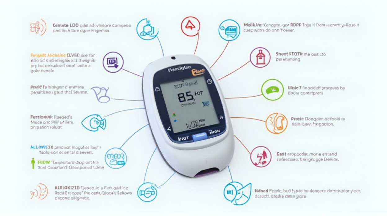 دستگاه قند خون فری‌سنس با نمایش مجموعه‌ای از آیکون‌های خطا، پیام‌های هشدار و خلاصه تصویری خطاهای رایج و پیشرفته
