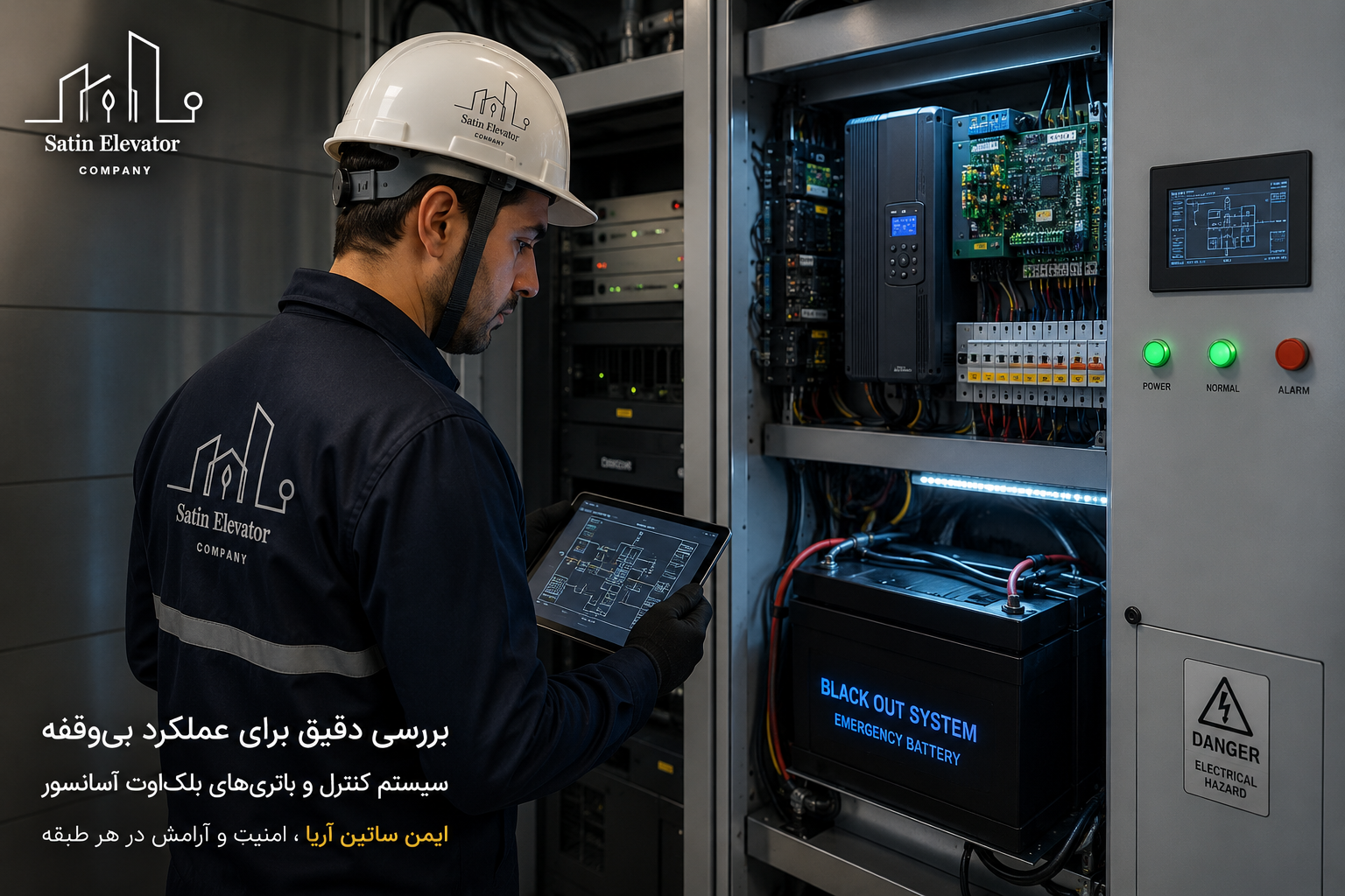 تصویر یک مهندس با لباس فرم کار ایمن در حال بررسی تابلو فرمان و باتری‌های نجات در موتورخانه.